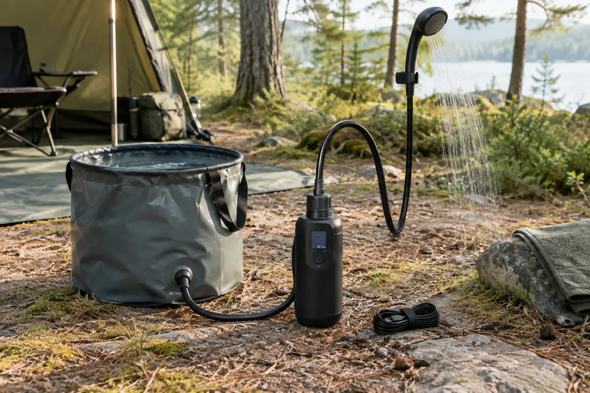 Douche de camping portable noire avec pompe, tuyau et pommeau posés près d’un récipient d’eau