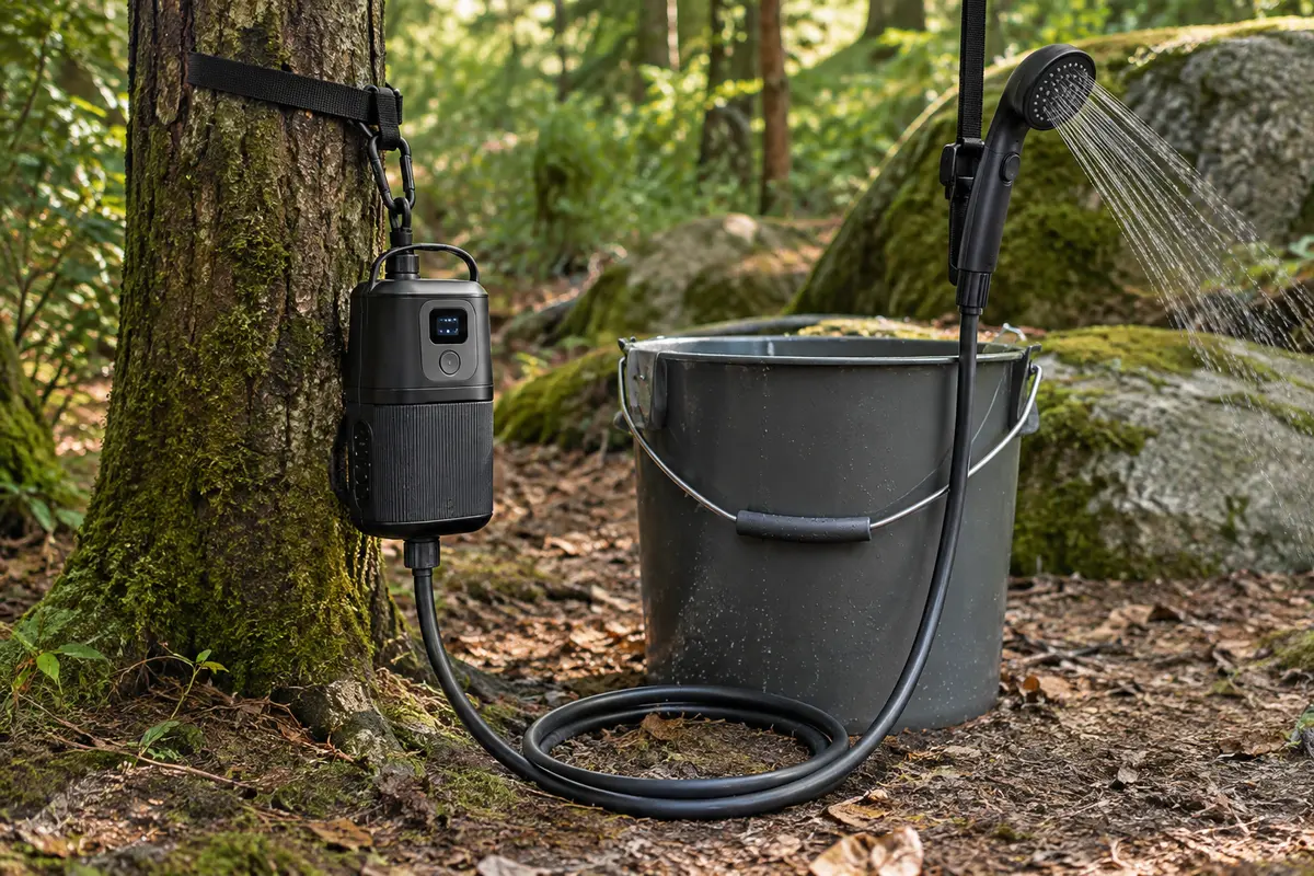 Douche de camping noire avec pompe et pommeau installée près d’un seau en sous-bois.