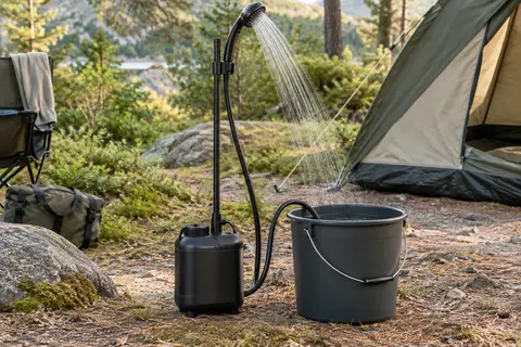 Douche de camping noire avec pompe électrique et pommeau, installée près d’un seau dans une clairière.