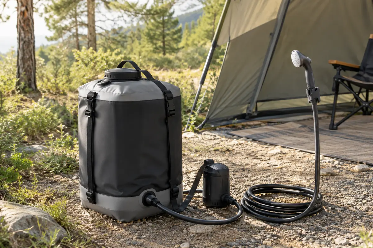 Douche portable de camping noire et grise avec réservoir intégré, tuyau et pomme de douche près d’un abri.