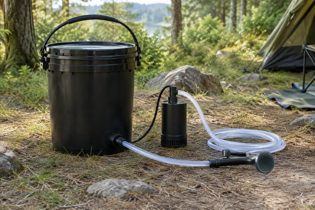 Douche portable noire avec seau de 20 L, pompe électrique, tuyau et pommeau en clairière