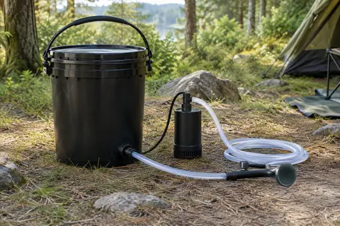 Douche portable noire avec seau de 20 L, pompe électrique, tuyau et pommeau en clairière