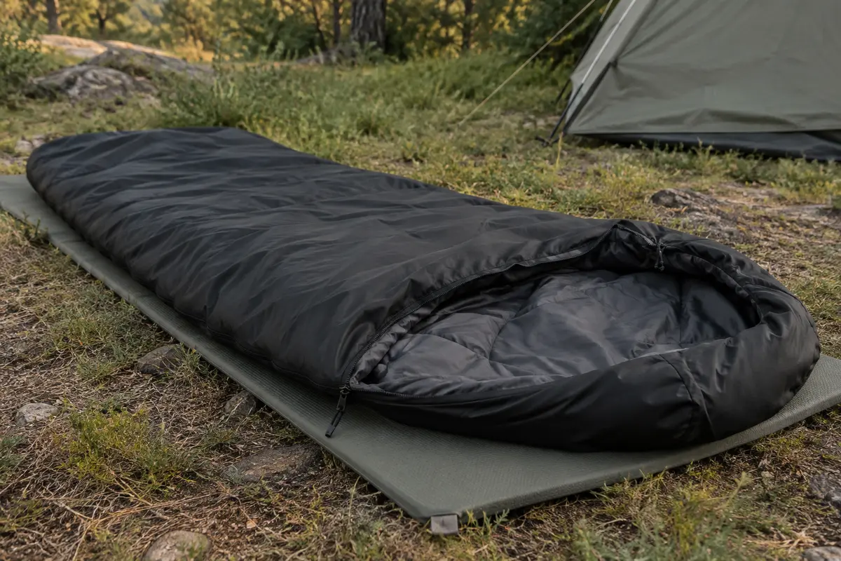 Sac de couchage rectangulaire noir ouvert sur un tapis de camping dans une clairière.