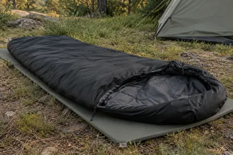 Sac de couchage rectangulaire noir ouvert sur un tapis de camping dans une clairière.