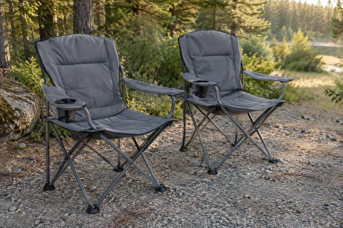 Deux chaises de camping pliantes rembourrées avec porte-boissons, installées dans une clairière au sol minéral.
