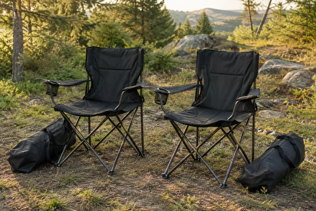 Deux chaises de camping pliantes noires avec porte-boisson et sacs de transport dans une clairière.