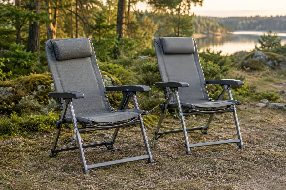 Deux fauteuils pliants gris en textilène, avec dossier inclinable et appuie-tête amovible, installés dans une clairière