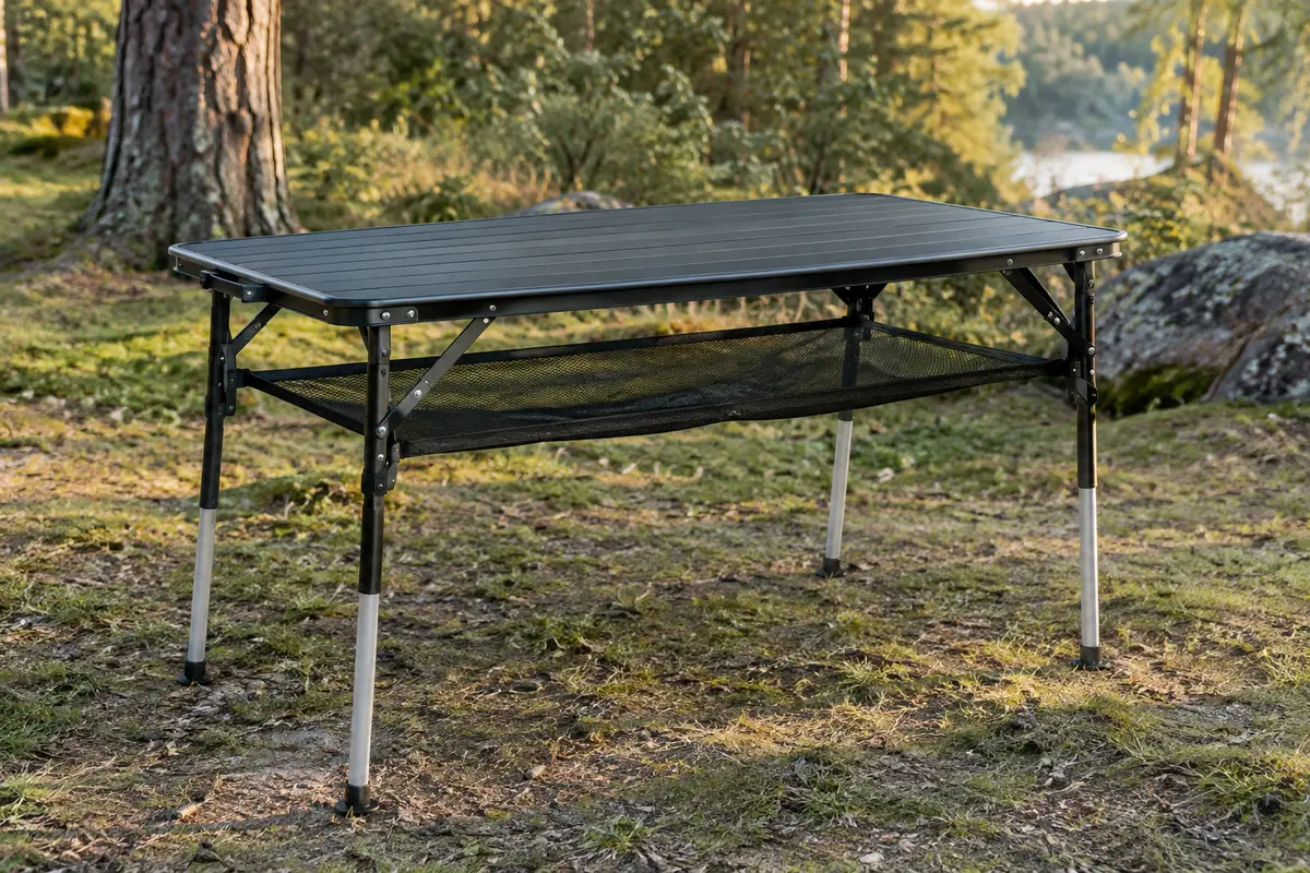 Table de camping noire pliable avec filet de rangement, installée dans une clairière au sol naturel.