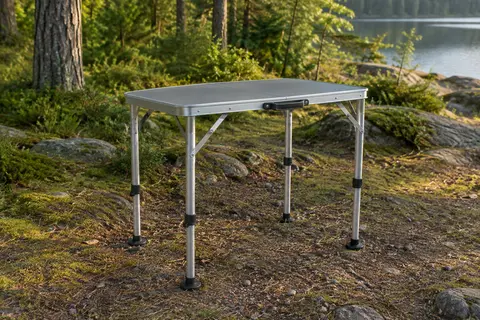 Table pliante grise en aluminium avec poignée intégrée, installée sur un terrain de camping arboré.