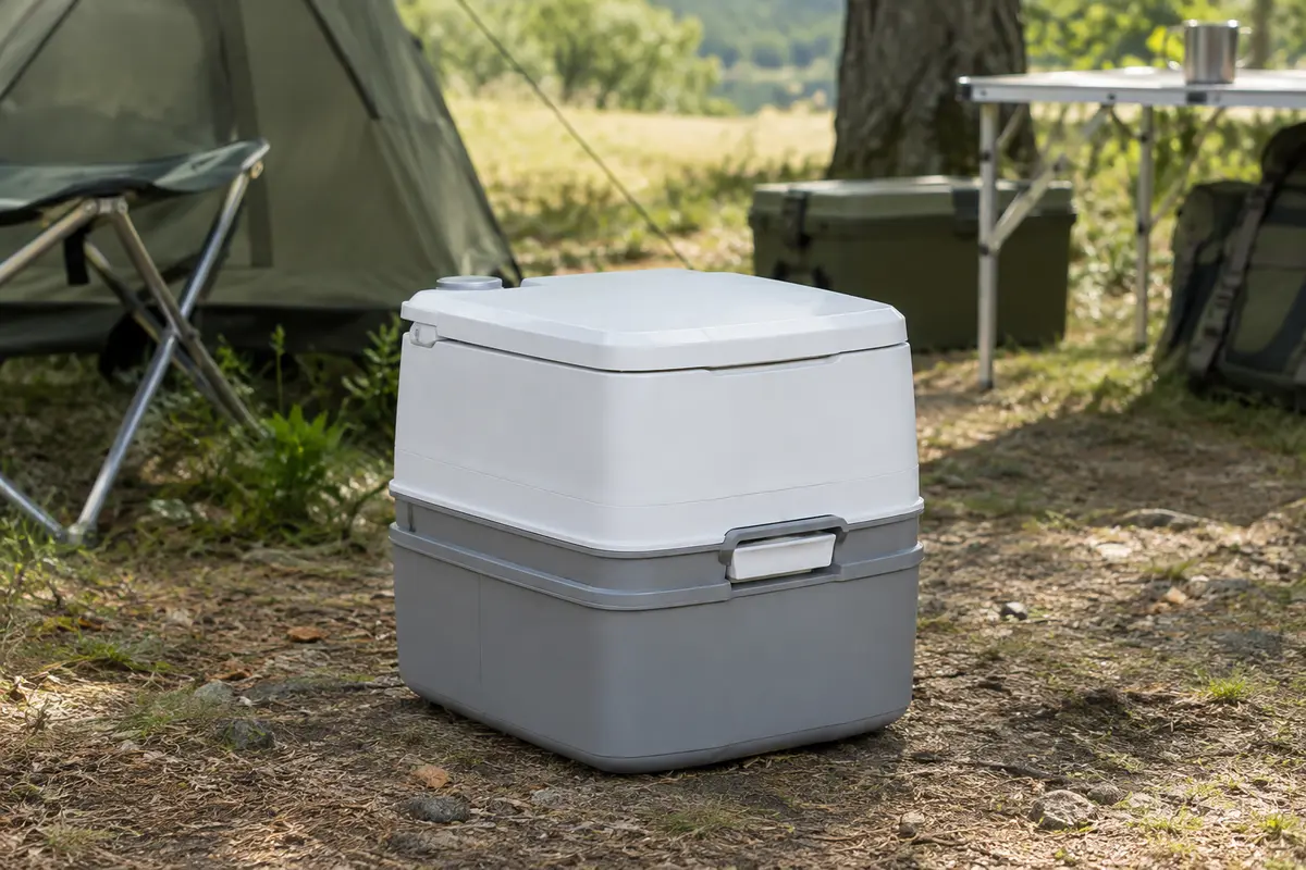 Toilette portable Thetford blanche et grise installée dans un espace de camping sobre