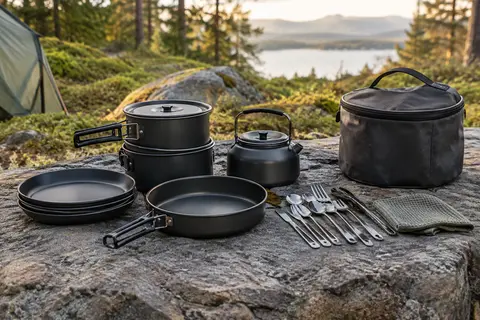 Kit de cuisine de camping noir avec casseroles, bouilloire, vaisselle en inox et accessoires de rangement