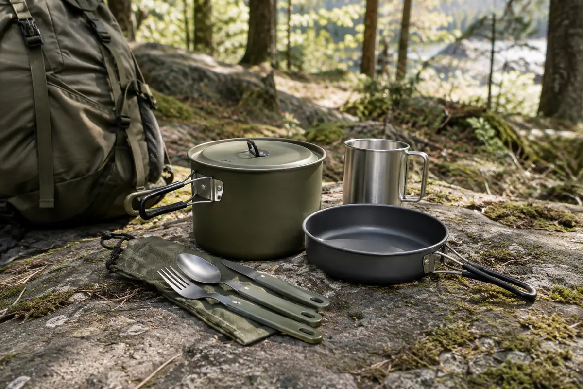 Set de cuisine de camping vert avec casserole, poêle, tasse en inox et couverts posé en clairière