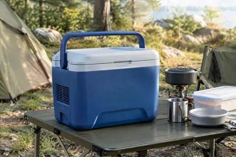 Glacière électrique bleue à poignée posée près de matériel de camping dans une clairière
