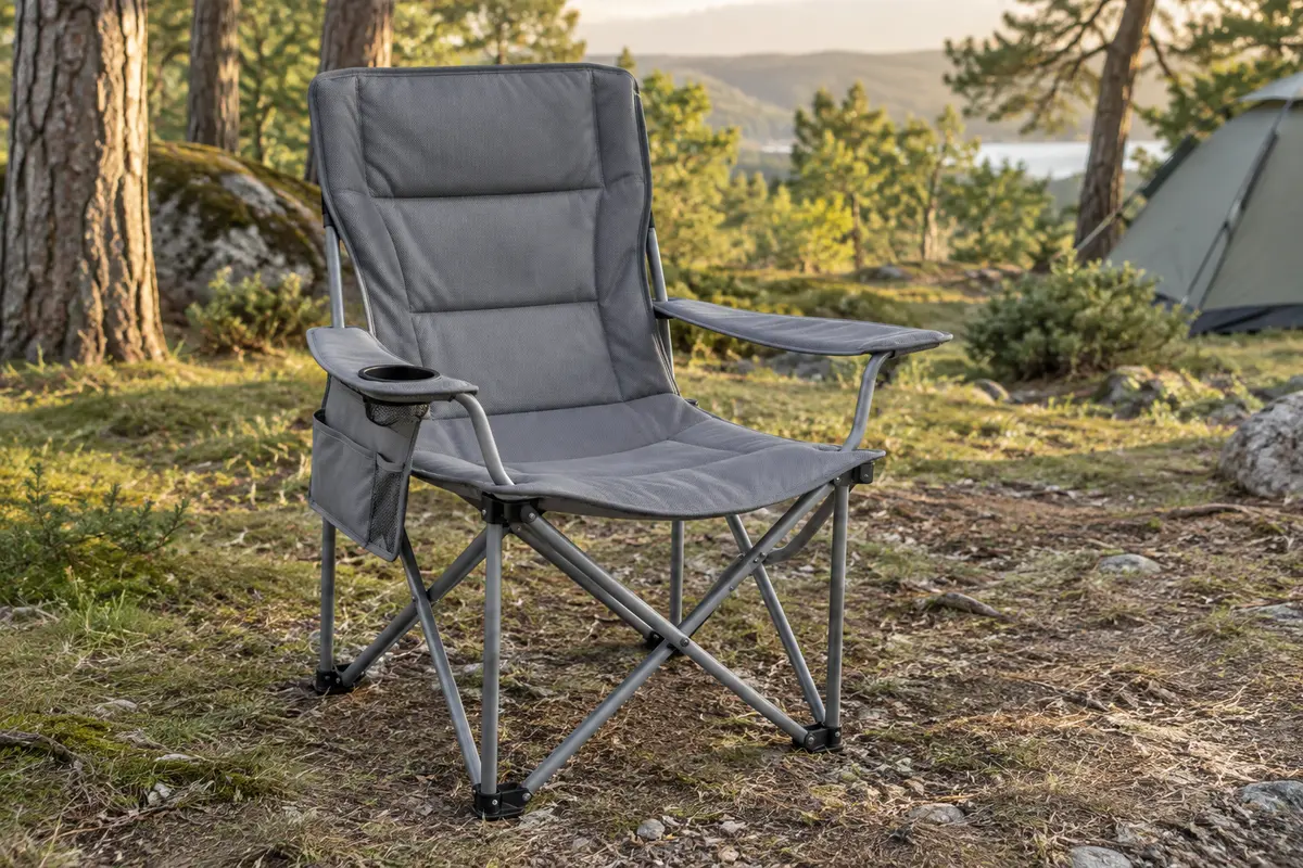 Chaise de camping grise à dossier haut, assise large, poche latérale et porte-gobelet dans une clairière