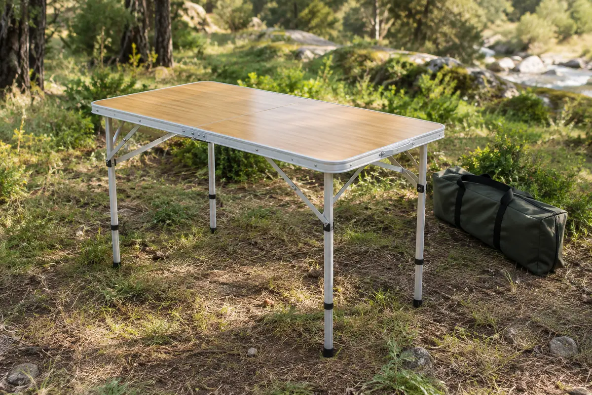Table pliante de camping en aluminium, finition ton bambou, installée dans une clairière avec son sac
