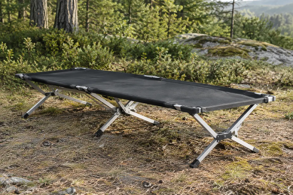 Lit de camp pliant noir avec toile tendue et armature en aluminium installé dans une clairière