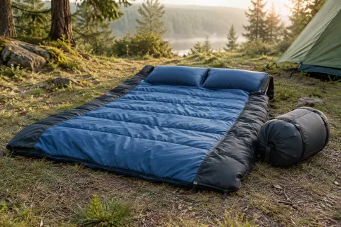 Sac de couchage double noir et bleu ouvert dans une clairière, avec deux oreillers et sa housse de rangement