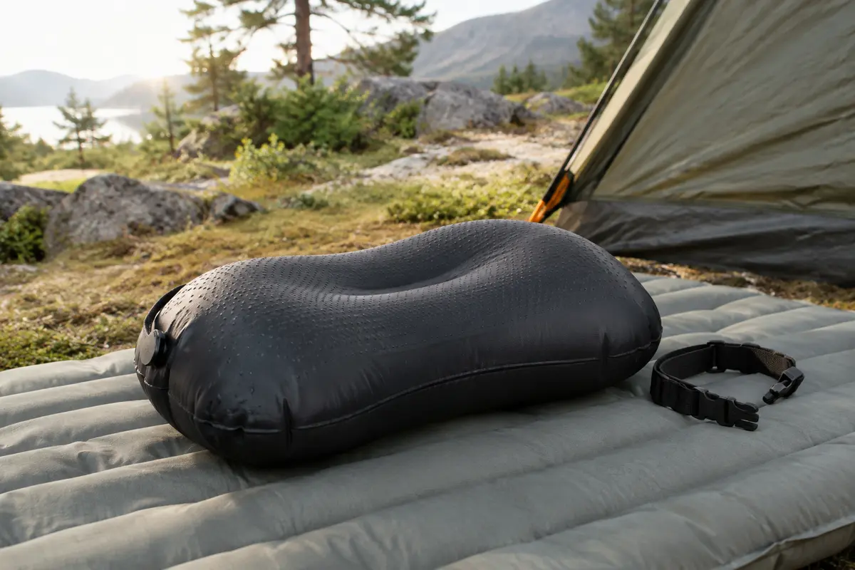 Oreiller gonflable noir Trekology posé sur un matelas de camping dans une clairière