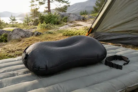 Oreiller gonflable noir Trekology posé sur un matelas de camping dans une clairière