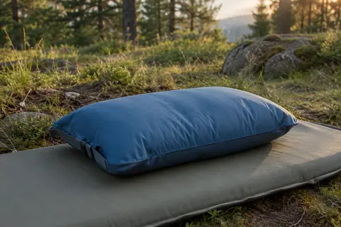 Oreiller de camping gonflable bleu avec housse textile et sangle, posé sur un matelas de sol en clairière