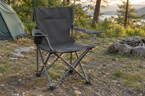 Chaise de camping pliante anthracite avec accoudoirs et porte-gobelet, installée dans une clairière