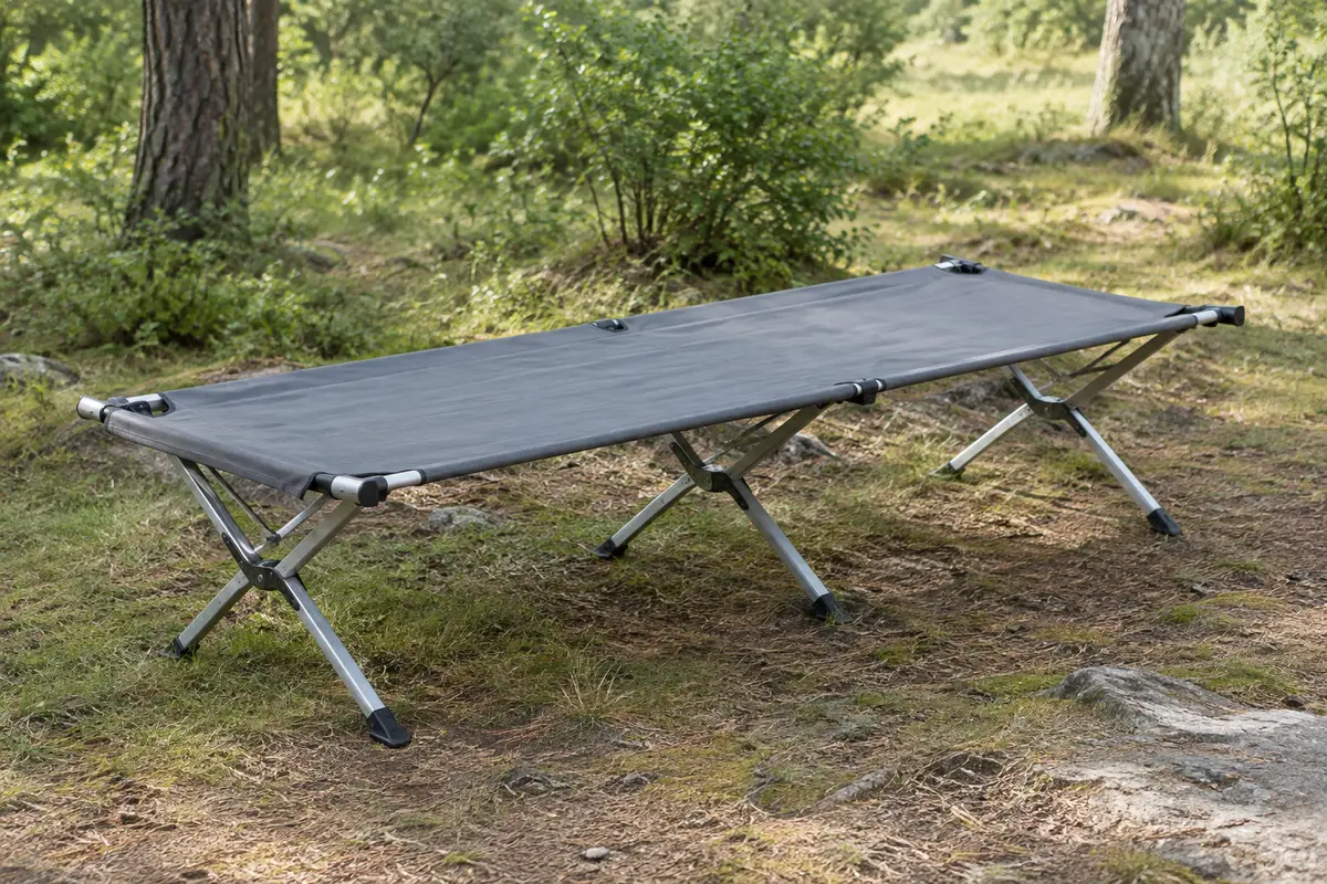 Lit de camp pliant gris à structure métallique installé dans une clairière, avec sa toile tendue.