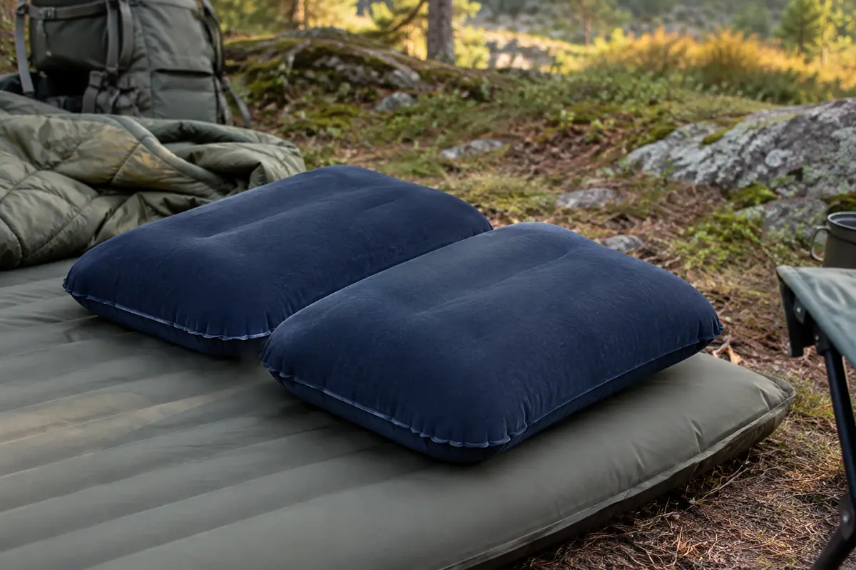 Deux oreillers gonflables bleu marine à surface floquée posés sur un matelas de camping