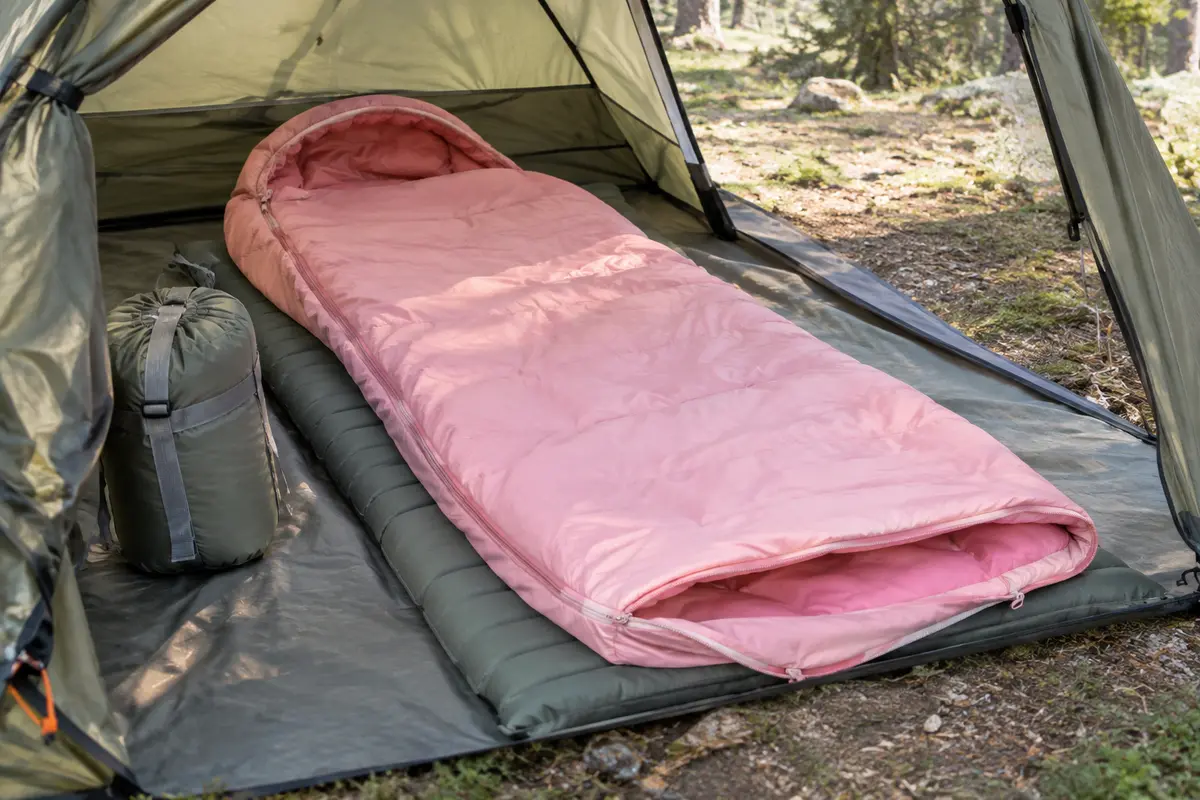 Sac de couchage enfant rose avec capuche réglable et sac de transport dans une tente en clairière.