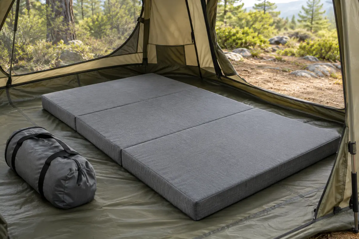 Matelas pliant gris à mémoire de forme installé dans une tente de camping, avec son sac de transport à proximité