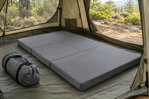 Matelas pliant gris à mémoire de forme installé dans une tente de camping, avec son sac de transport à proximité