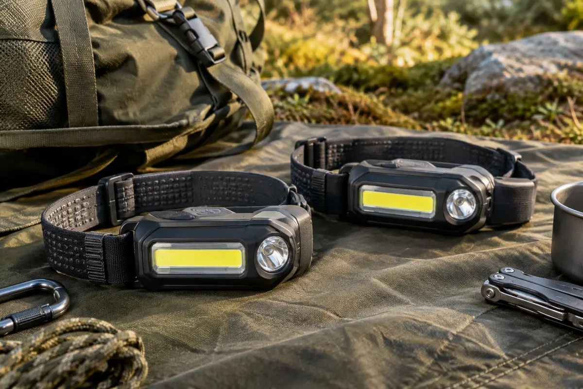 Deux lampes frontales compactes à bande COB, spot XPE latéral et bandeau élastique réglable