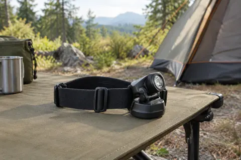 Lampe frontale noire à bandeau réglable posée sur une table de camping près d’une tente