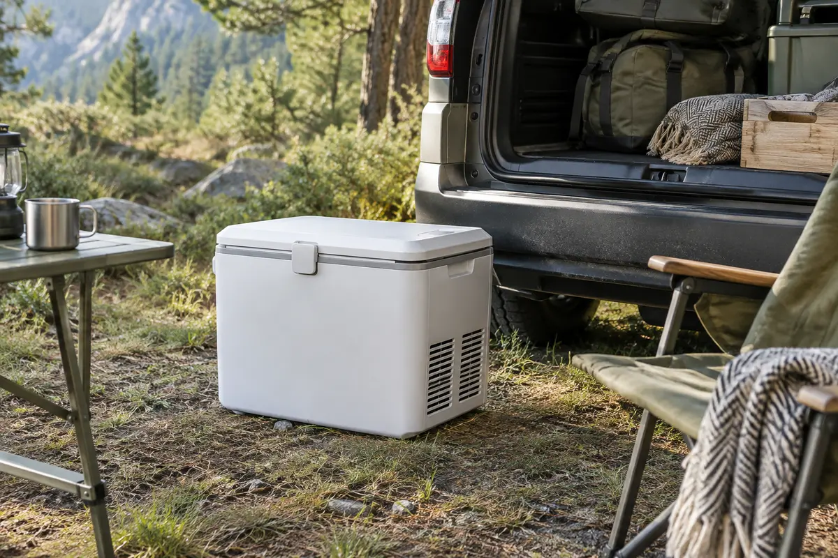 Glacière électrique blanche à compression installée près d’un véhicule dans une clairière de camping