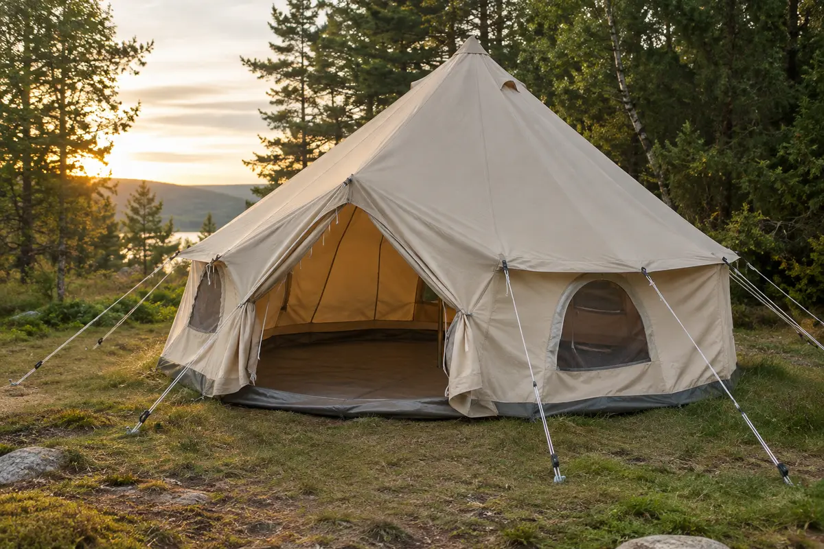 Tente cloche en toile beige installée dans une clairière, avec haubans et fenêtres grillagées.