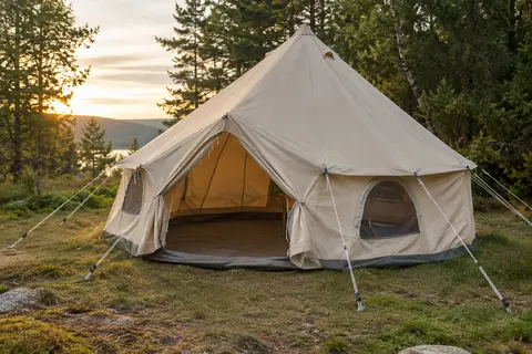 Tente cloche en toile beige installée dans une clairière, avec haubans et fenêtres grillagées.