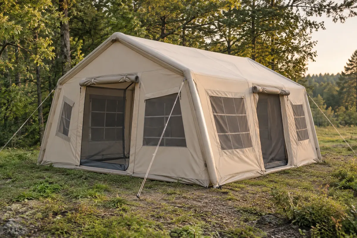 Tente de glamping gonflable beige installée dans une clairière, avec fenêtres en maille et cordes d’ancrage visibles