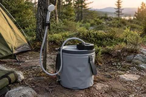 Douche de camping Wadeo avec seau pliable gris, écran LED, tuyau et pomme de douche