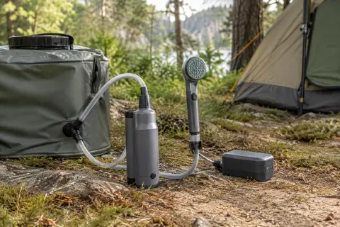 Douche portable de camping grise avec pompe rechargeable et pommeau installés près d’un récipient d’eau
