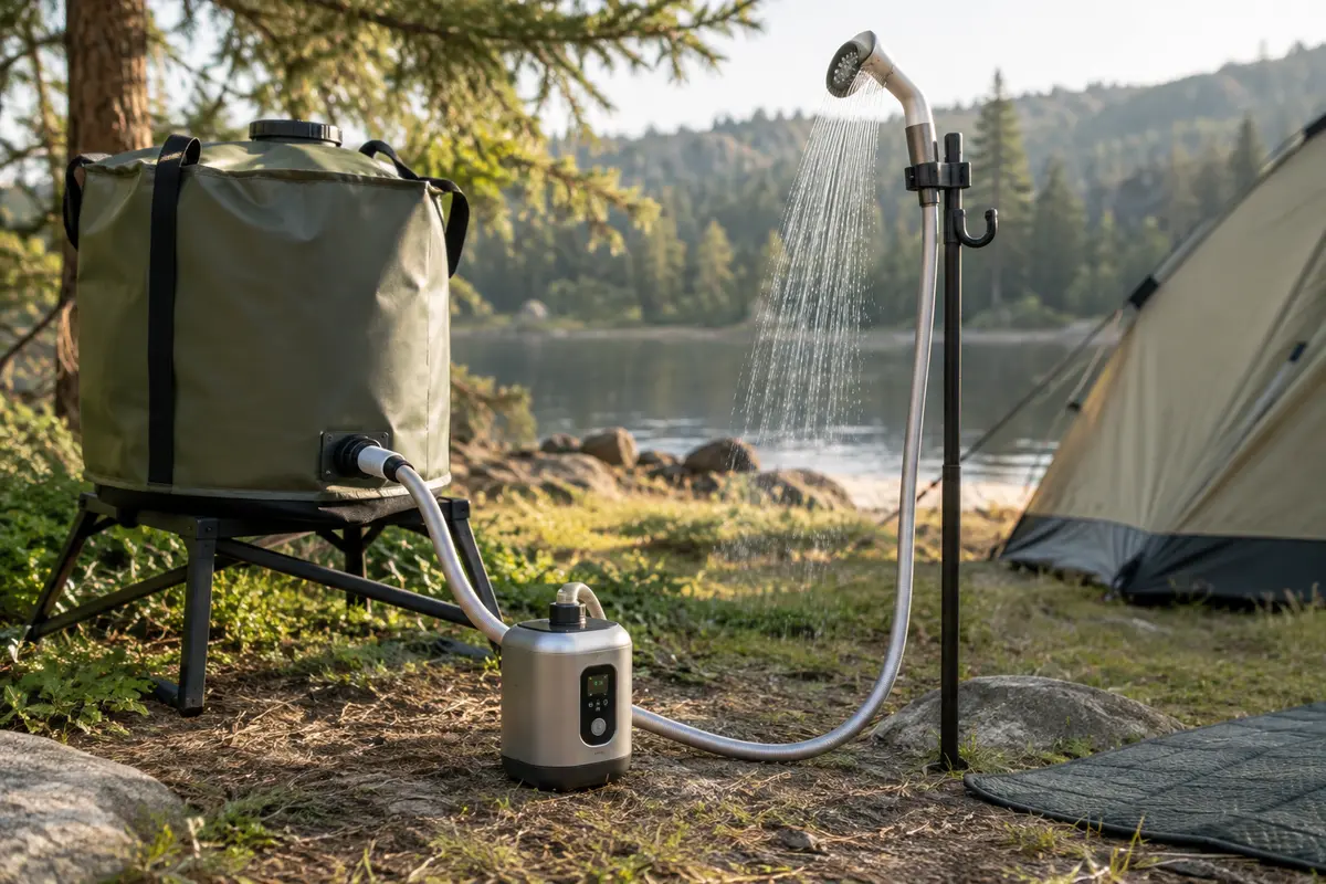 Douche portable argentée avec pompe à écran LED et tête de douche installée en camping