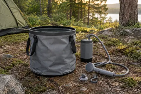 Kit de douche portable gris avec pompe rechargeable, pommeau et seau pliable installé en camping