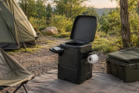 Toilettes portables pliables avec couvercle, étagère amovible et porte-papier dans un campement