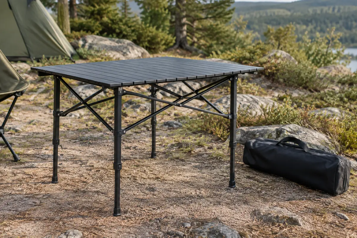Table de camping noire à plateau enroulable et pieds réglables, installée dans une clairière avec son sac de transport.