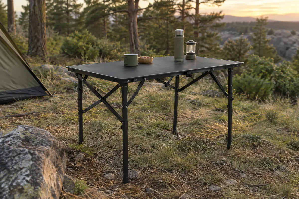 Table de camping pliante noire à plateau rectangulaire, installée dans une clairière avec ses pieds déployés.