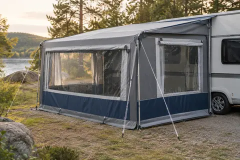 Auvent Your Gear Riviera gris et bleu fixé à une caravane, avec fenêtres panoramiques sur un terrain de camping.