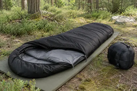 Sac de couchage rectangulaire noir avec capuche et double zip, installé dans une clairière de camping.