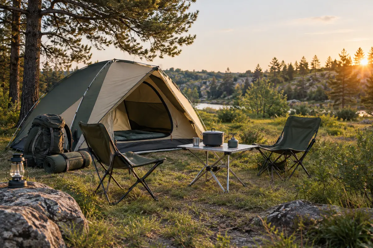 Tente montée et matériel de camping installés dans une clairière, avec des textiles sable et des détails gris pierre